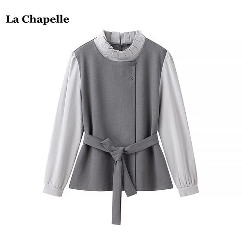 拉夏贝尔/La Chapelle法式收腰假俩件衬衫女春季设计感木耳边上衣