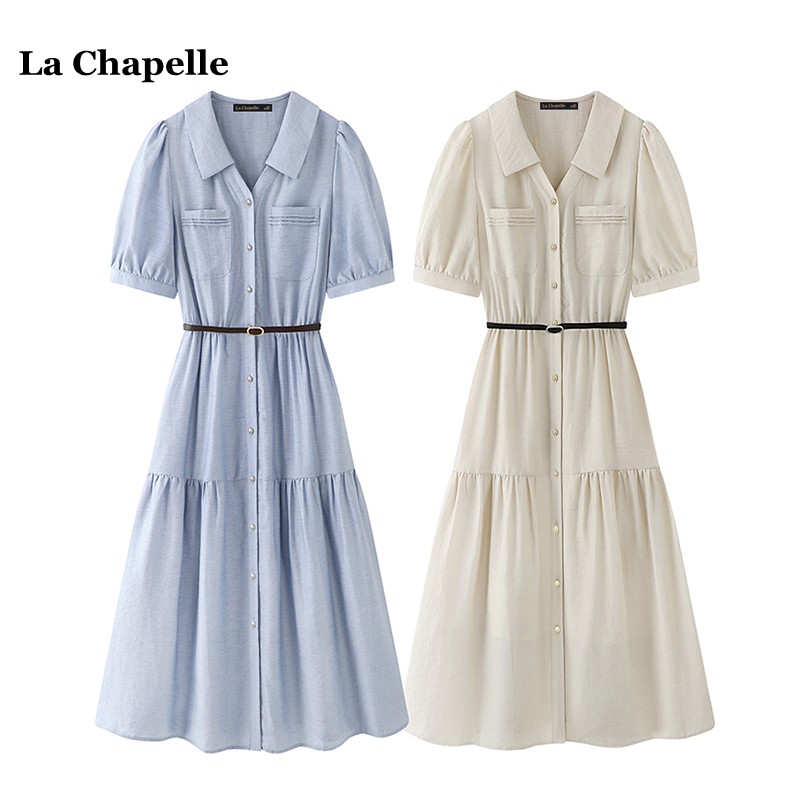 拉夏贝尔/La Chapelle夏季新款法式V领收腰显瘦茶歇衬衫连衣裙女