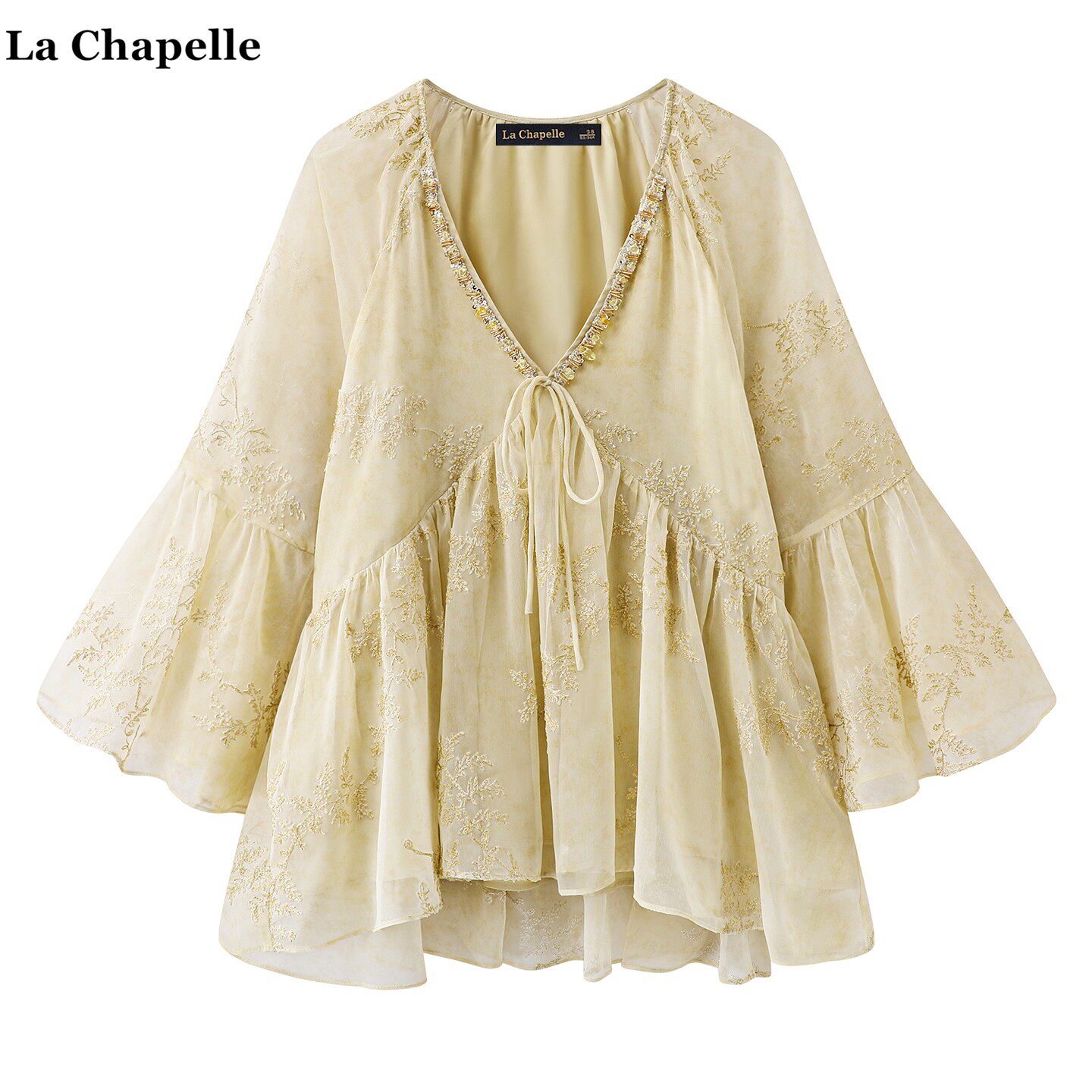拉夏贝尔/La Chapelle法式碎花V领雪纺衫女民族风刺绣娃娃衫上衣