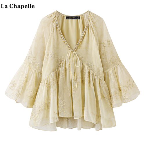 拉夏贝尔/La Chapelle法式碎花V领雪纺衫女民族风刺绣娃娃衫上衣