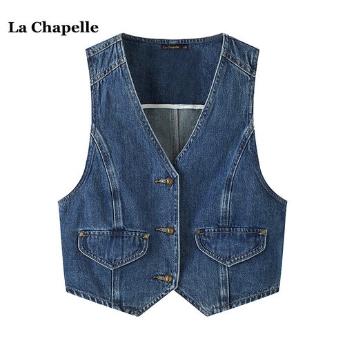 拉夏贝尔/La Chapelle复古水洗牛仔无袖背心秋季V领叠穿马甲女