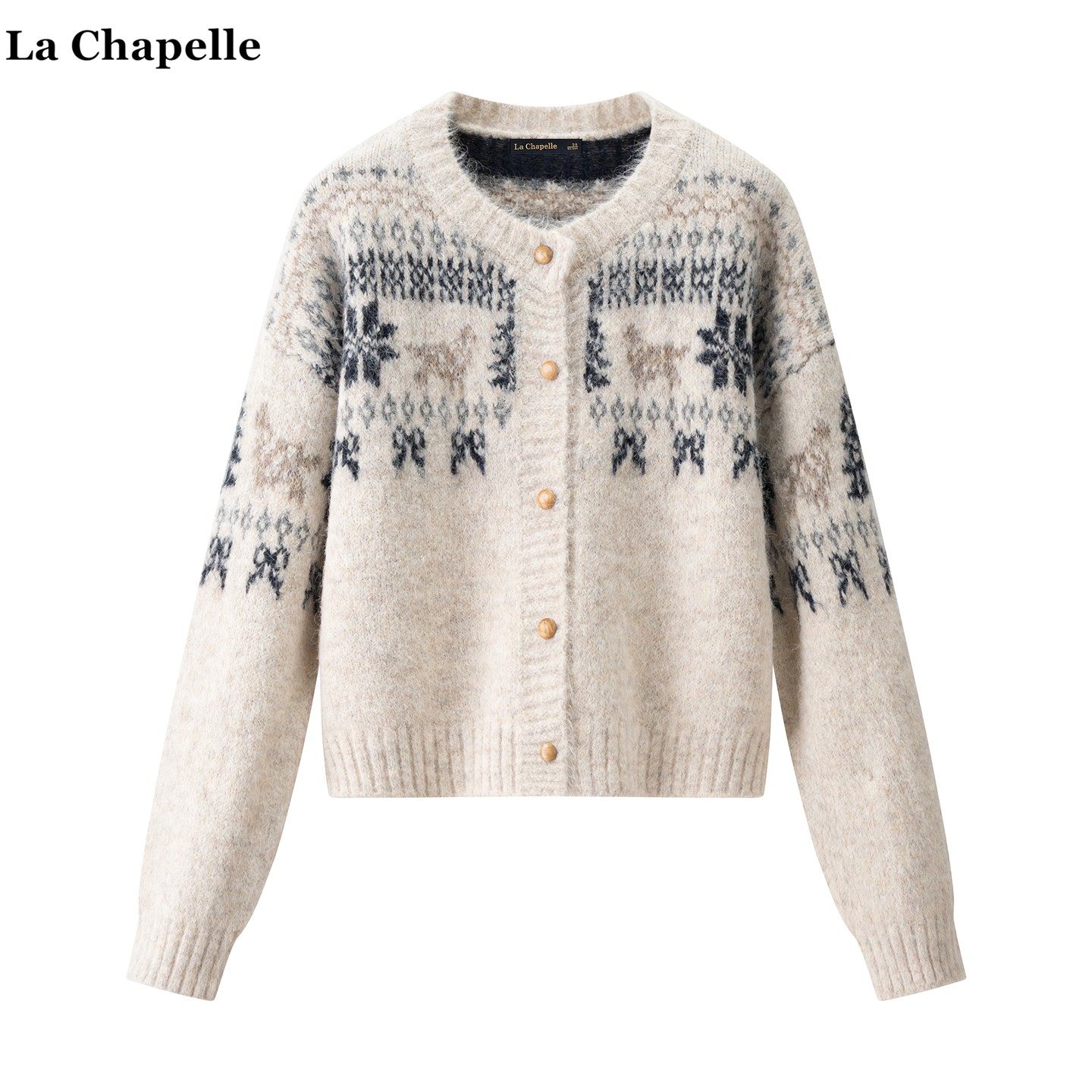 拉夏贝尔/La Chapelle慵懒风宽松小鹿针织开衫女秋冬新款圆领毛衣