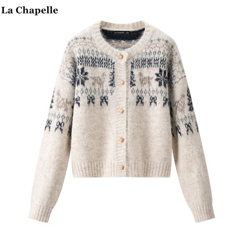 拉夏贝尔/La Chapelle慵懒风宽松小鹿针织开衫女秋冬新款圆领毛衣