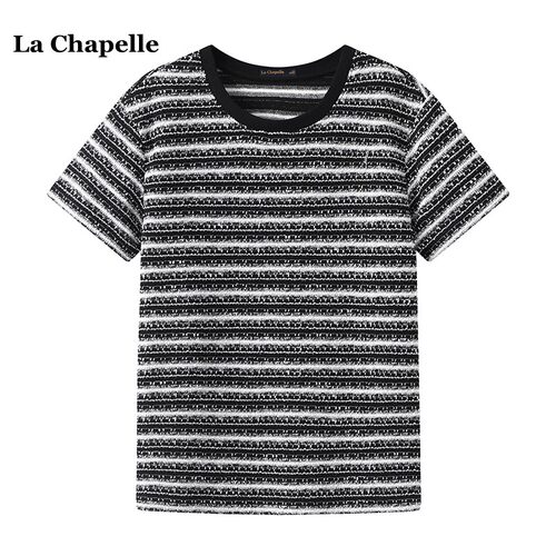 拉夏贝尔/La Chapelle小香风黑白条纹短袖T恤女夏季新款宽松上衣