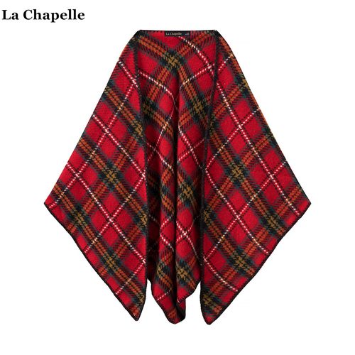 拉夏贝尔/La Chapelle氛围感红色格子三角披肩女百搭针织斗篷围巾