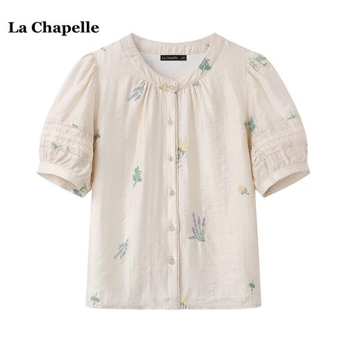 拉夏贝尔/La Chapelle泡泡袖法式刺绣短袖衬衣女夏季新款气质小衫