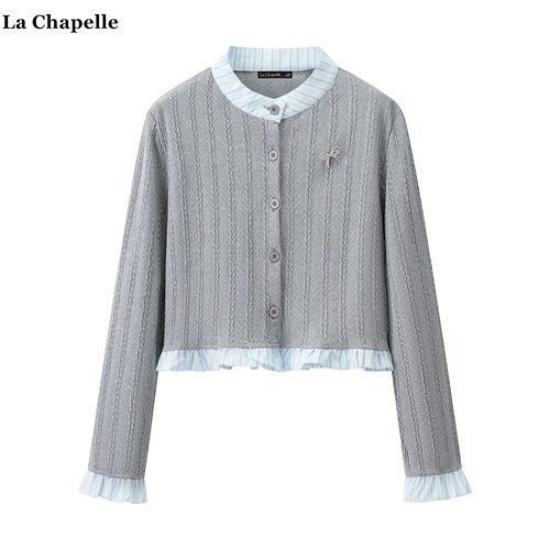 拉夏贝尔/La Chapelle撞色荷叶边拼接针织开衫女秋冬季假俩件上衣