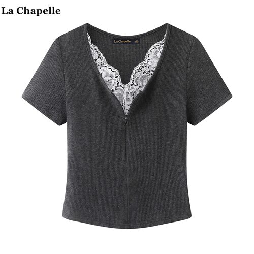 拉夏贝尔/La Chapelle假俩件蕾丝短袖T恤女夏季休闲风半拉链上衣