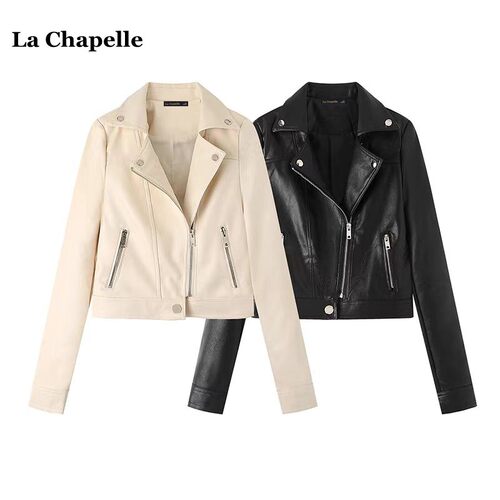 拉夏贝尔/La Chapelle秋季复古翻领PU皮衣外套休闲短款夹克上衣女