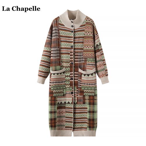 拉夏贝尔/La Chapelle复古提花长款针织开衫女慵懒风宽松毛衣外套