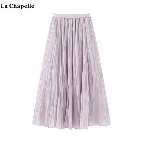 拉夏贝尔/La Chapelle温柔风烫钻网纱半身裙女春季新款高腰a字裙