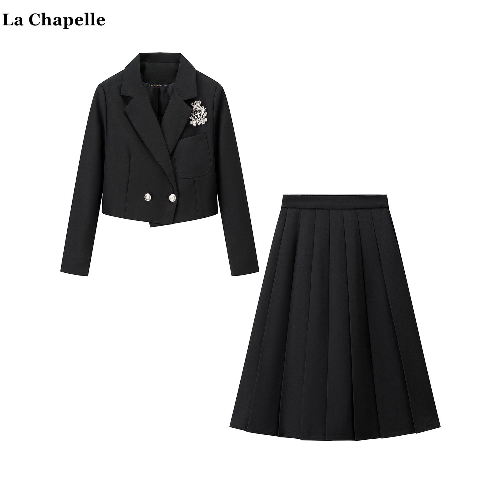 拉夏贝尔/La Chapelle学院风西装外套韩系百褶半身裙秋季俩件套女