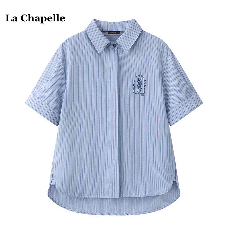 拉夏贝尔/La Chapelle学院风蓝色条纹短袖T恤女夏季polo正肩衬衣