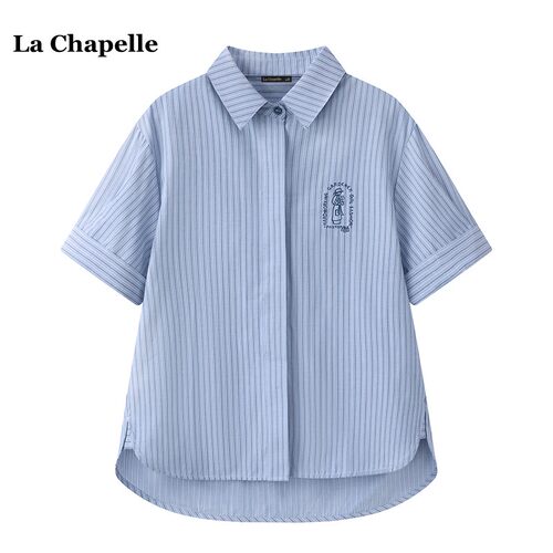 拉夏贝尔/La Chapelle学院风蓝色条纹短袖T恤女夏季polo正肩衬衣