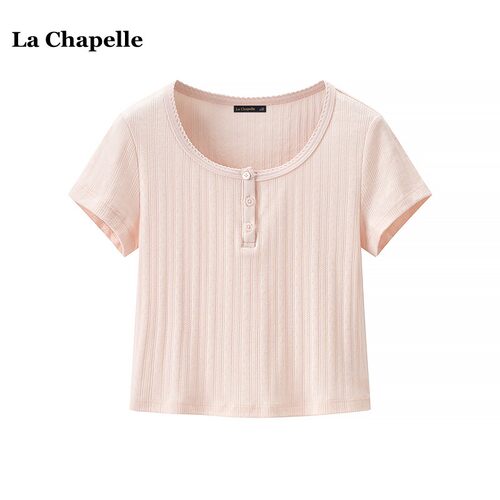 拉夏贝尔/La Chapelle粉色短袖T恤女夏季新款bm辣妹修身短款上衣