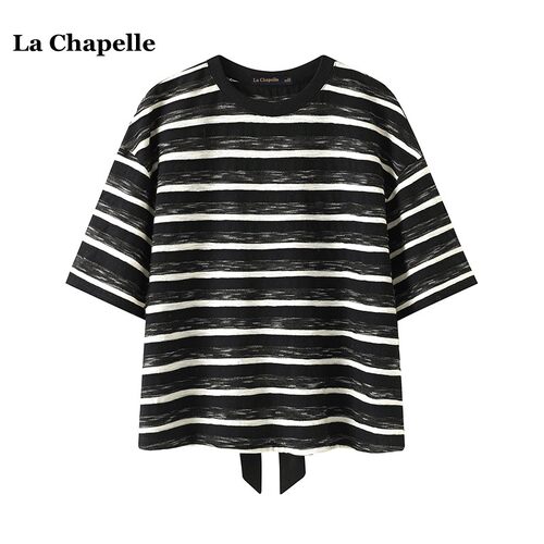 拉夏贝尔/La Chapelle夏季设计感蝴蝶结显瘦宽松条纹短袖T恤女