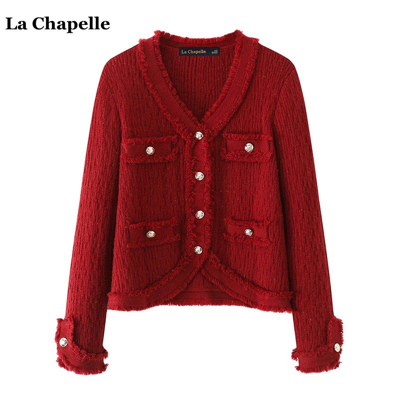 拉夏贝尔/La Chapelle红色亮丝针织衫女冬季新款法式V领毛衣开衫,女装/女士精品,毛针织衫,淘宝优惠券,粉丝福利购,淘宝优惠卷