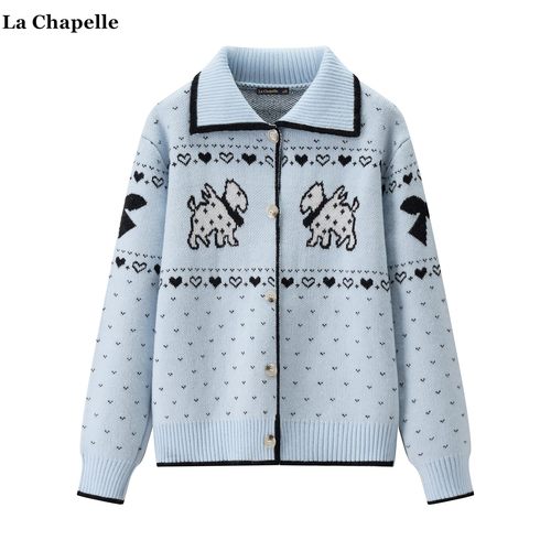 拉夏贝尔/La Chapelle费尔岛提花毛衣外套女秋冬新款翻领针织开衫