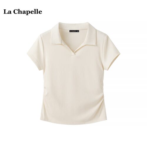拉夏贝尔/La Chapelle夏季polo领侧边褶皱短袖T恤百搭正肩上衣女