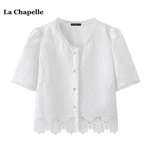 拉夏贝尔/La Chapelle法式刺绣V领蕾丝衬衫女夏新款镂空短袖上衣