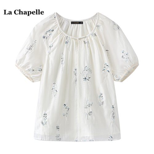 拉夏贝尔/La Chapelle小清新圆领刺绣衬衫女夏季宽松气质碎花衬衣
