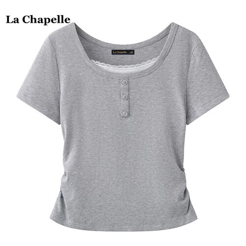 拉夏贝尔/La Chapelle假俩件蕾丝拼接短袖T恤女夏季甜辣修身上衣