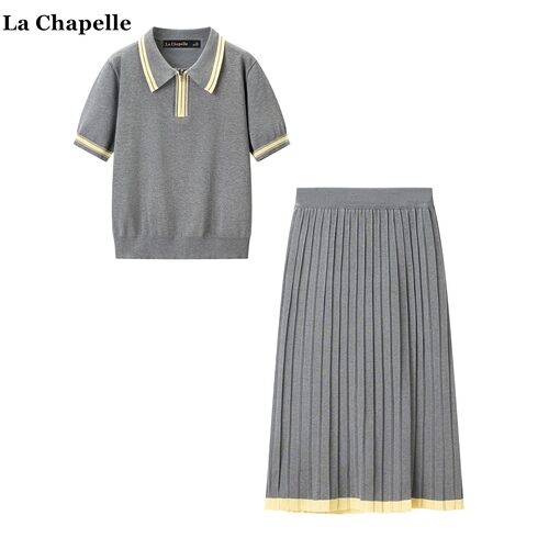 拉夏贝尔/La Chapelle法式撞色polo翻领上衣百褶半身裙针织套装女
