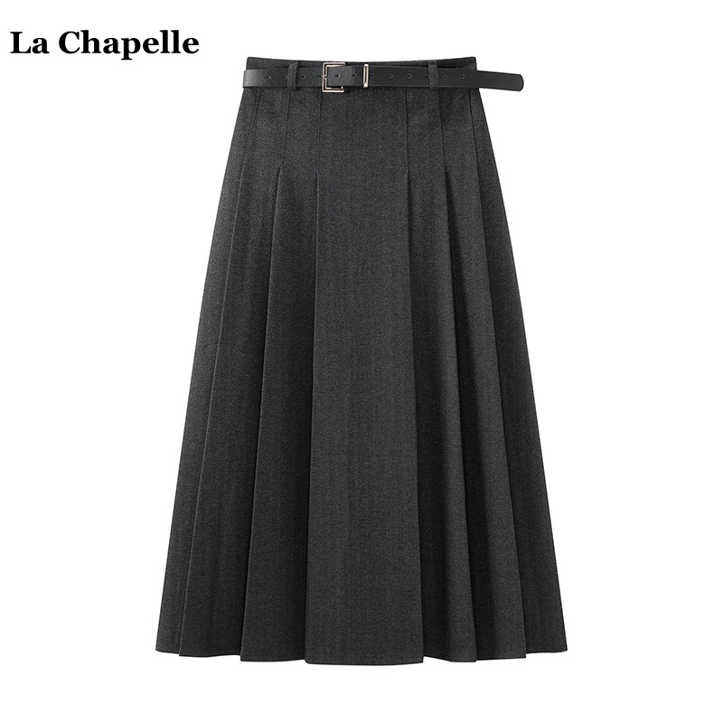 拉夏贝尔/La Chapelle毛呢百褶裙半身裙女冬季设计感中长款A字裙