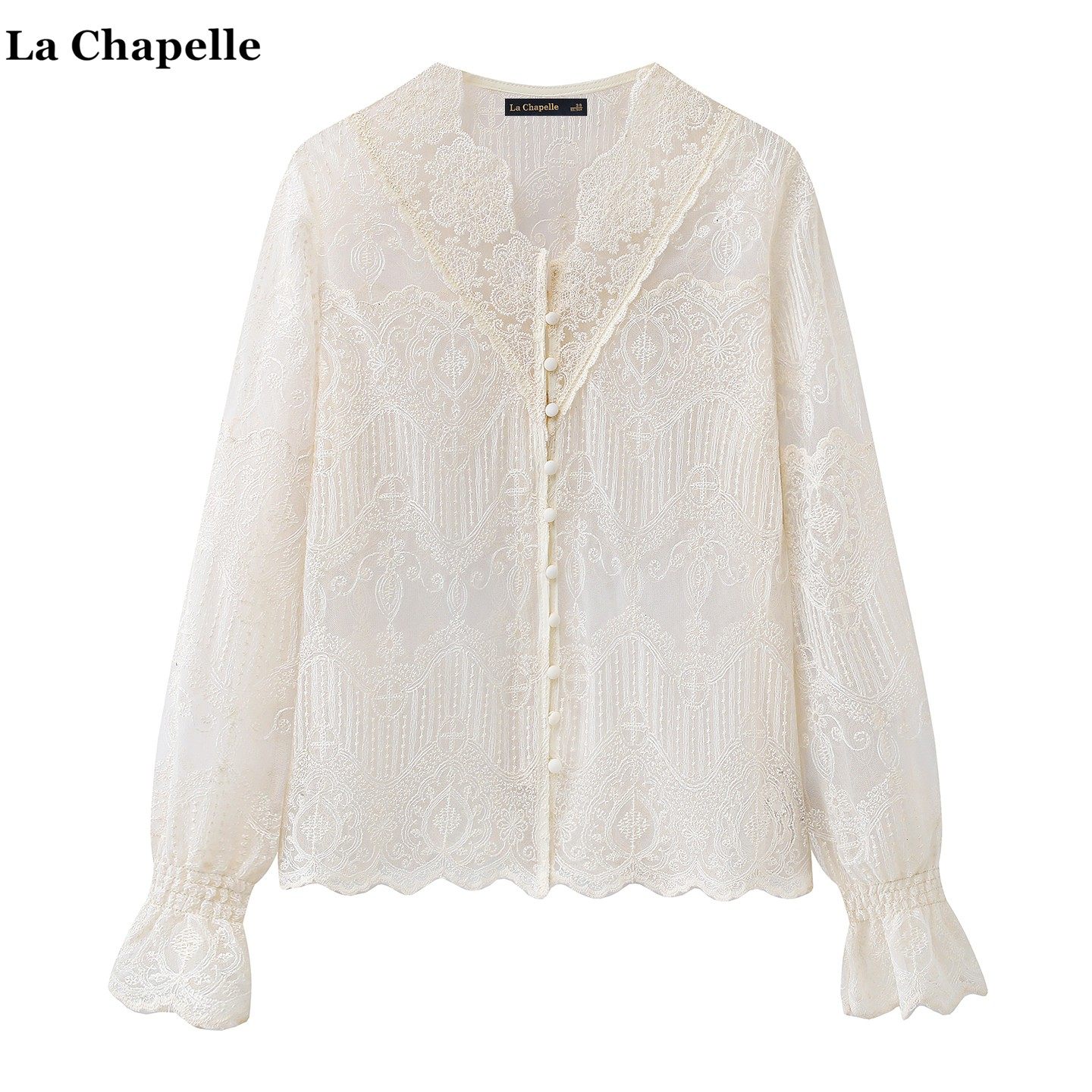 拉夏贝尔/La Chapelle法式镂空钩花蕾丝衬衫女2026春季喇叭袖衬衣,女装/女士精品,衬衫,淘宝优惠券,粉丝福利购,淘宝优惠卷
