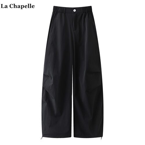 拉夏贝尔/La Chapelle黑色工装阔腿裤女春季新款宽松抽绳休闲裤子