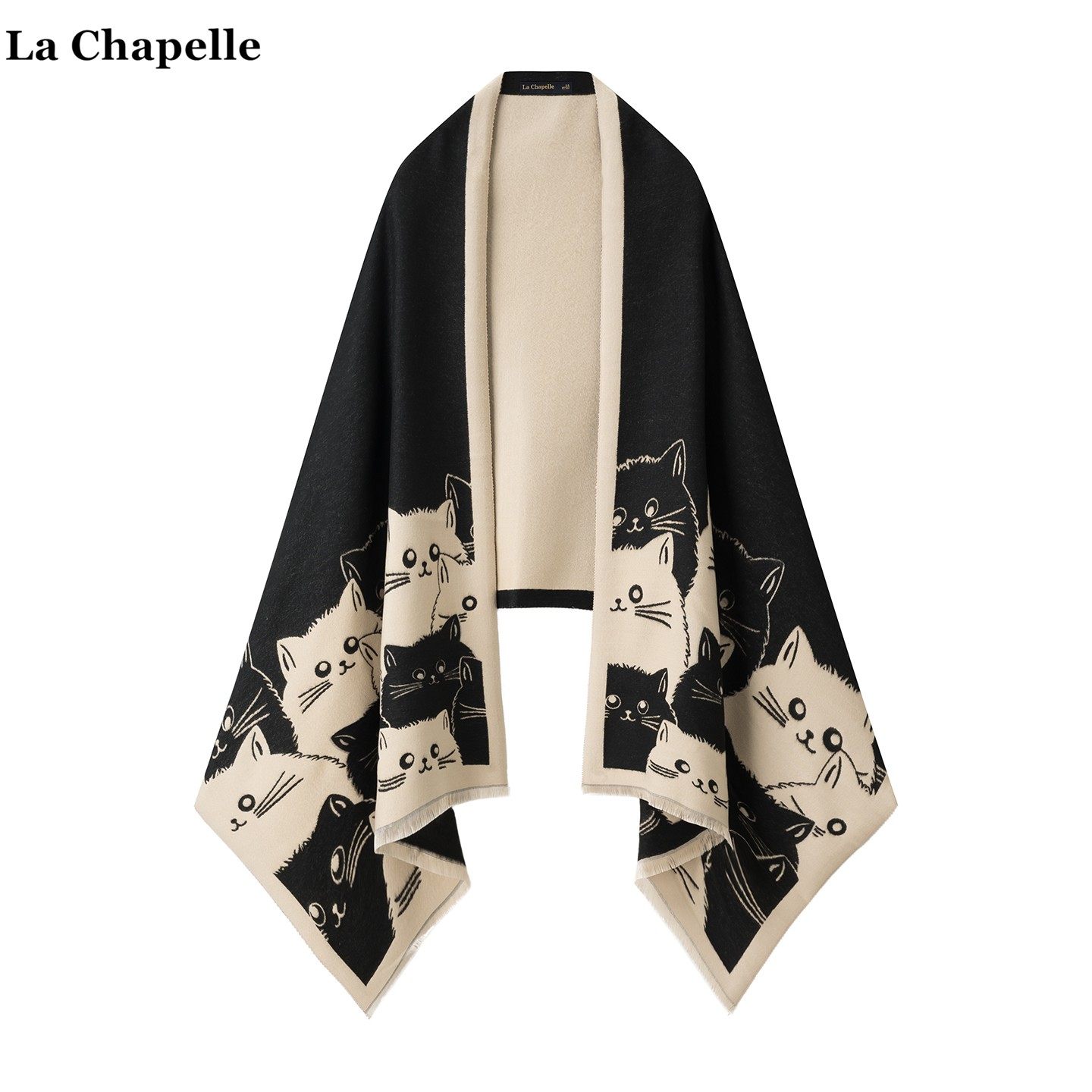 拉夏贝尔/La Chapelle学院风猫咪保暖双面围巾女秋冬季仿羊绒披肩