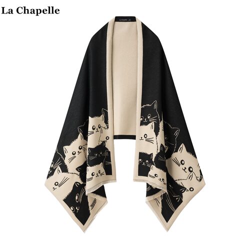 拉夏贝尔/La Chapelle学院风猫咪保暖双面围巾女秋冬季仿羊绒披肩