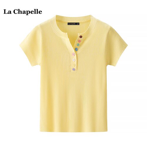 拉夏贝尔/La Chapelle设计感小众短袖上衣女夏季新款纯色v领上衣