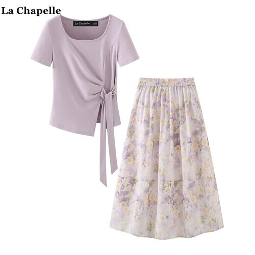 拉夏贝尔/La Chapelle夏季新款法式碎花绑带T恤高腰半身裙套装女