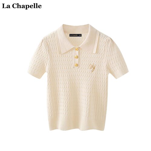 拉夏贝尔/La Chapelle复古刺绣绞花短袖针织衫女夏季新款polo上衣