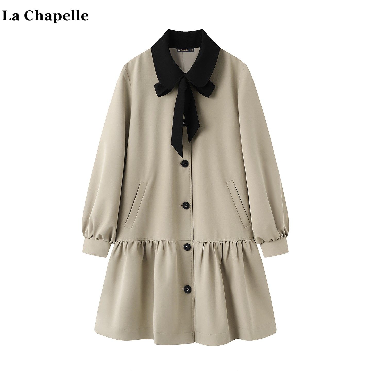 拉夏贝尔/La Chapelle娃娃领撞色风衣外套女设计感卡其色休闲上衣