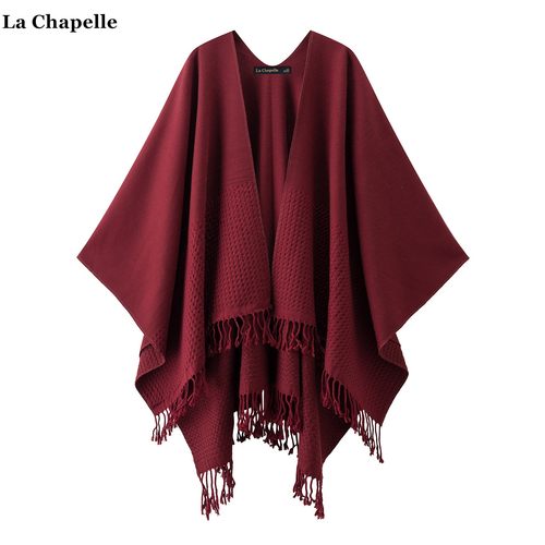 拉夏贝尔/La Chapelle高级感红色流苏针织披肩女旅游百搭披风围巾