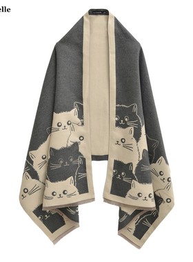 拉夏贝尔/La Chapelle可爱猫咪百搭卡通围巾秋冬加厚保暖针织披肩