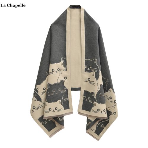 拉夏贝尔/La Chapelle可爱猫咪百搭卡通围巾秋冬加厚保暖针织披肩