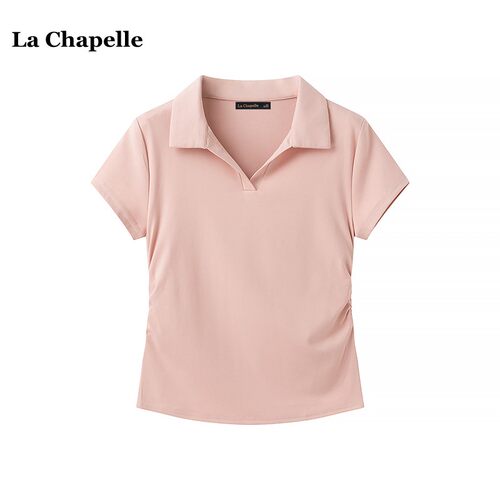 拉夏贝尔/La Chapelle夏季俩侧抽褶收腰正肩短袖T恤女polo领上衣