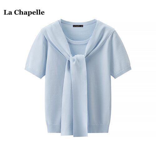 拉夏贝尔/La Chapelle纯色圆领短袖针织衫女夏季新款百搭披肩上衣