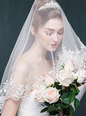 新款韩式新娘白色蕾丝婚纱头纱
