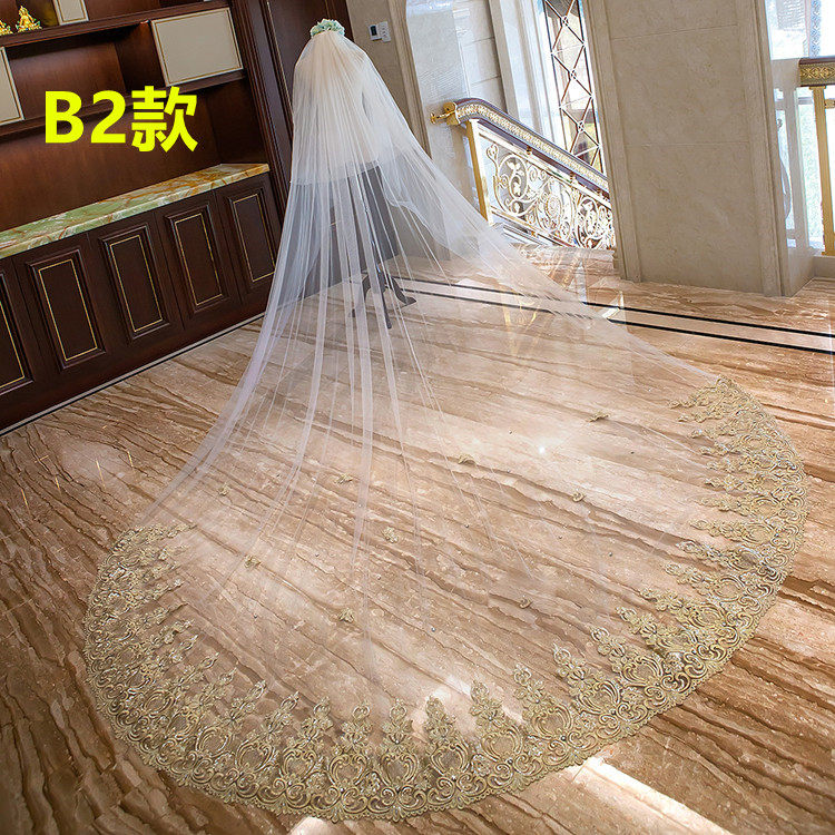 新款韩式新娘3米宽金色蕾丝花边超长拖尾结婚拍照造型大头纱软纱