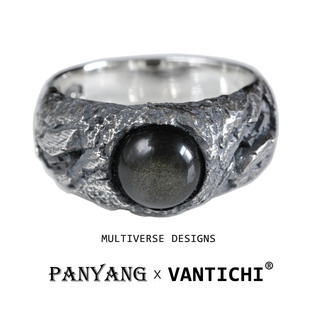 [招财坚毅]原创小众复古VANTICHI纯银金曜石黑曜石戒指男女尾戒