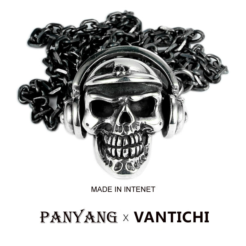 VANTICHI925银耳机骷髅头吊坠男个性暗黑摇滚嘻哈潮男泰银项链