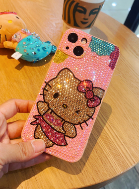 适用苹果14Promax奢华水钻手机壳iPhone15Promax镶钻KT猫蓝色满钻12全包软壳11Pro网红潮牌13Pro原创手工水钻