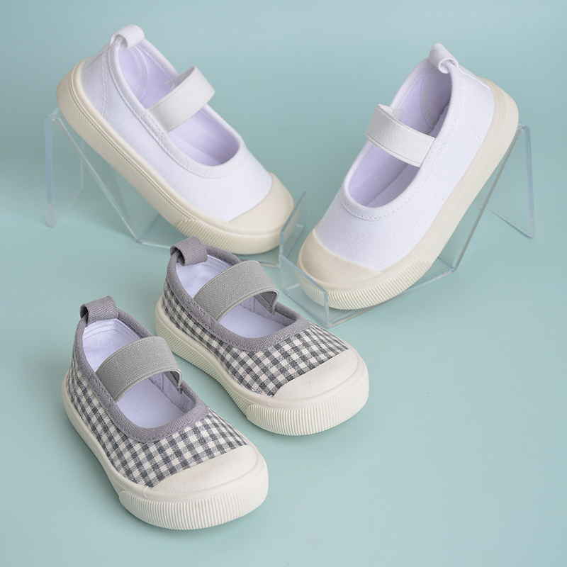 春秋季新品格子布儿童帆布鞋休闲简约风低帮松紧带童鞋室内童板鞋