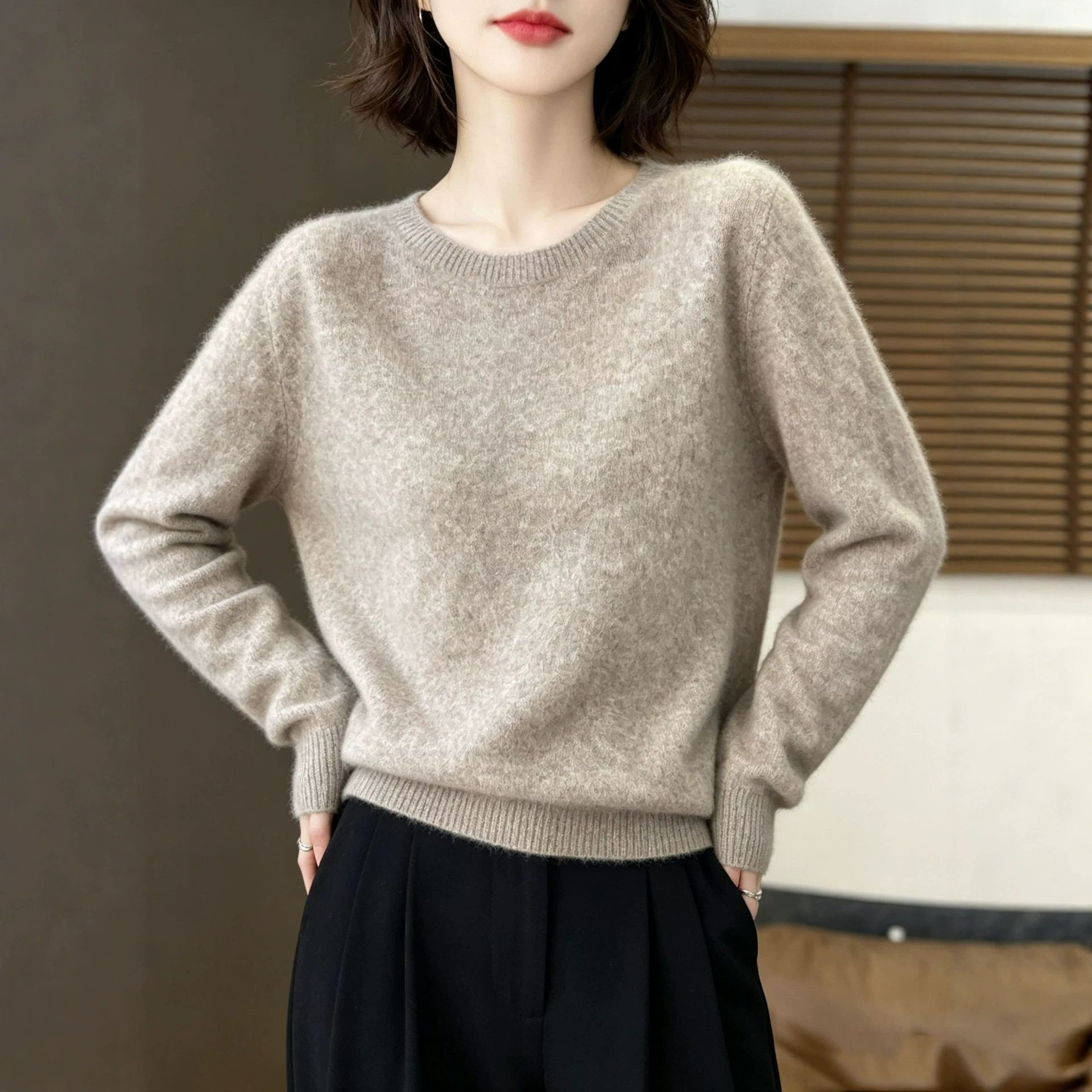 圆领羊毛打底衫女秋冬一线成衣无缝基础款套头针织衫保暖上衣