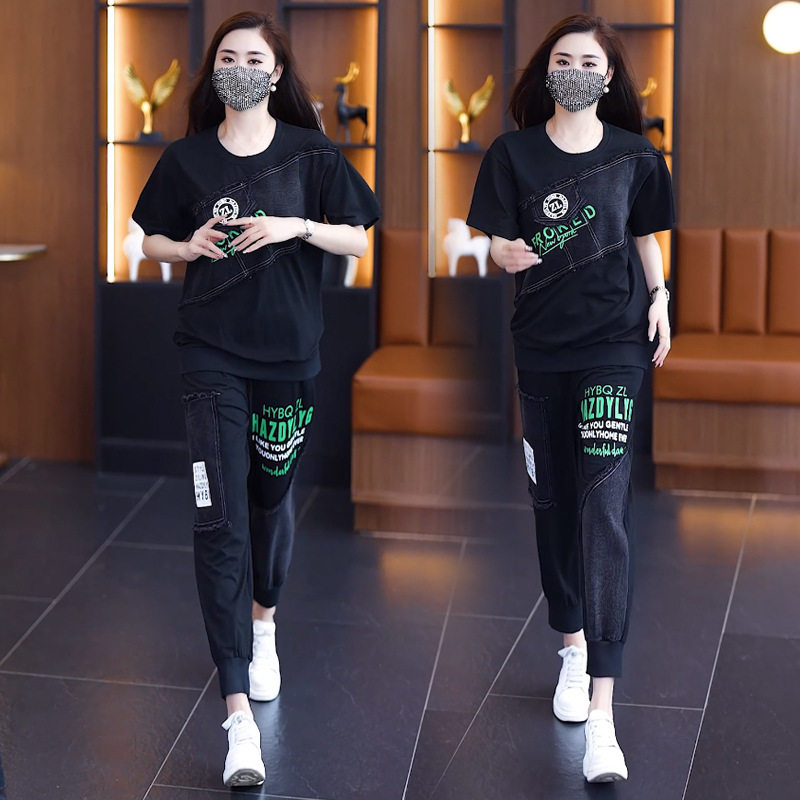 夏季新款休闲时尚套装女大码胖妹妹牛仔拼接印花宽松短袖两件套装