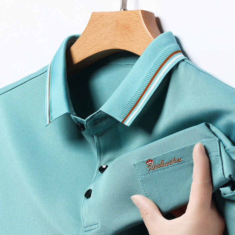 真口袋中年爸爸长袖t恤春秋季中老年刺绣上衣男士翻领打底Polo衫